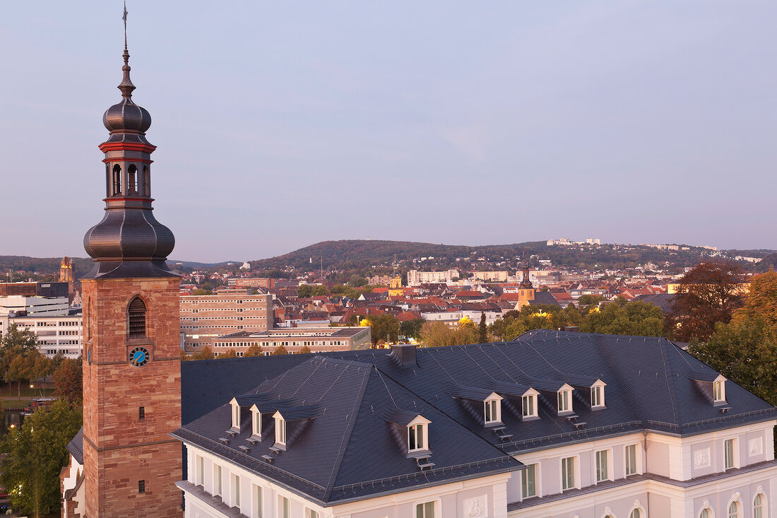 View of city with church and castle in Saarbrucken, Saarland, Germany