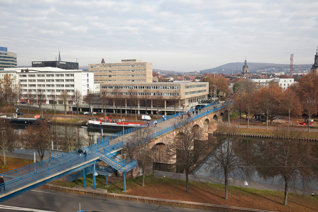 Elevated view of old bridge and Berliner Promenade at Saarbrucken, Saarland, Germany