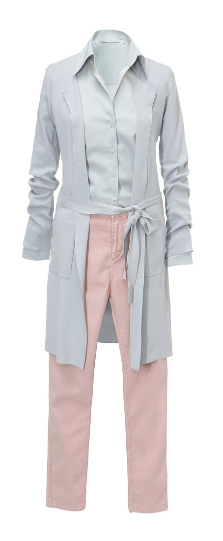 Grey cotton cardigan, blouse and jeans in pastel tones on white background