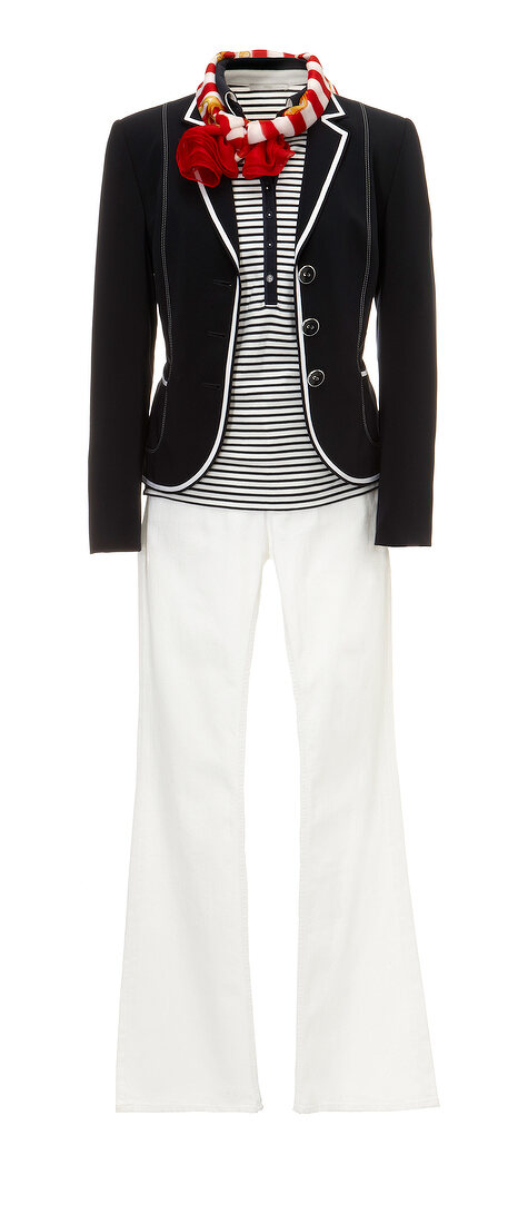 Striped blazer with ornamental edge, jeans and polo shirt on white background