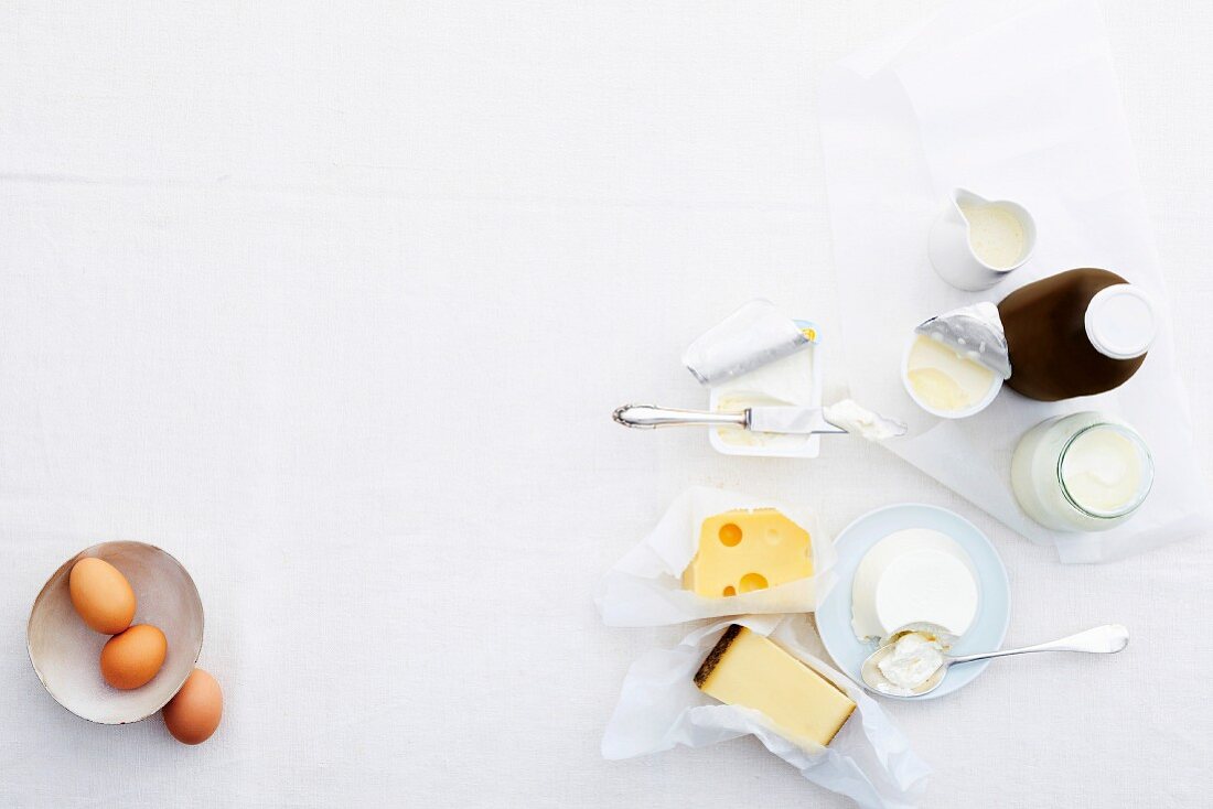 Various dairy products and eggs (seen from above)