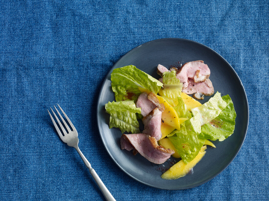 Romaine lettuce with duck meat and mango on plate, overhead view