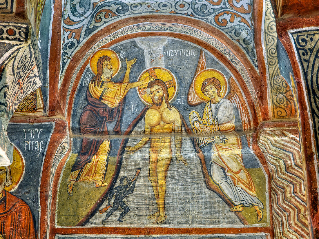 Fresco in Karanlik Church, Goreme, Nevsehir, Turkey, Low angle view