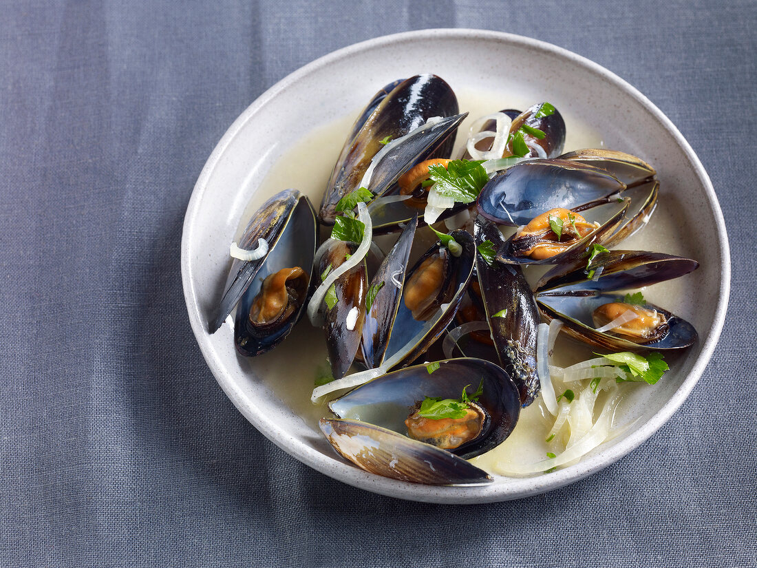 Mussels with wine broth on plate