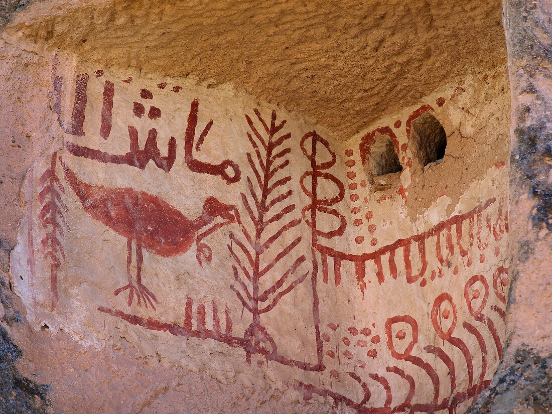 Painted wall at Uchisar fairy chimney, Cappadocia, Turkey