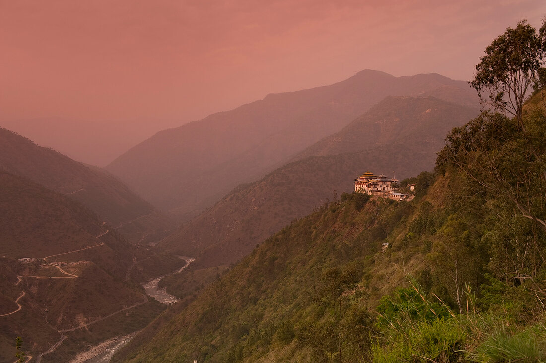 View of landscape with Tashigang at dawn, Bhutan