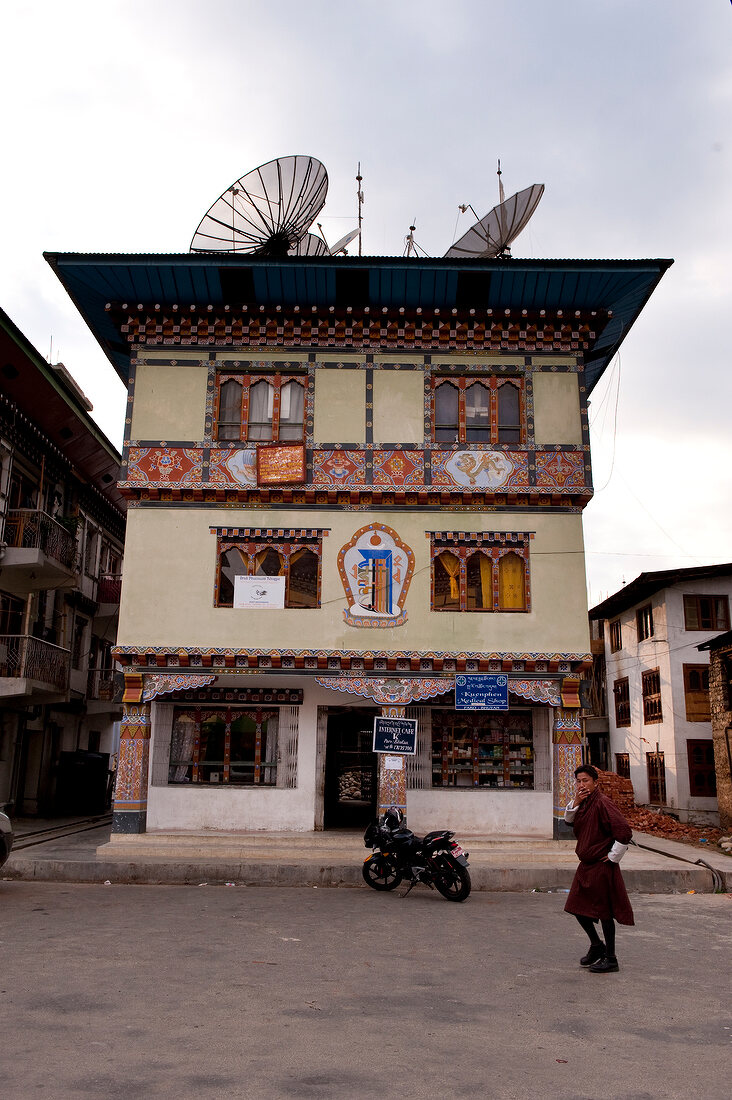Facade of house in Paro, Bhutan
