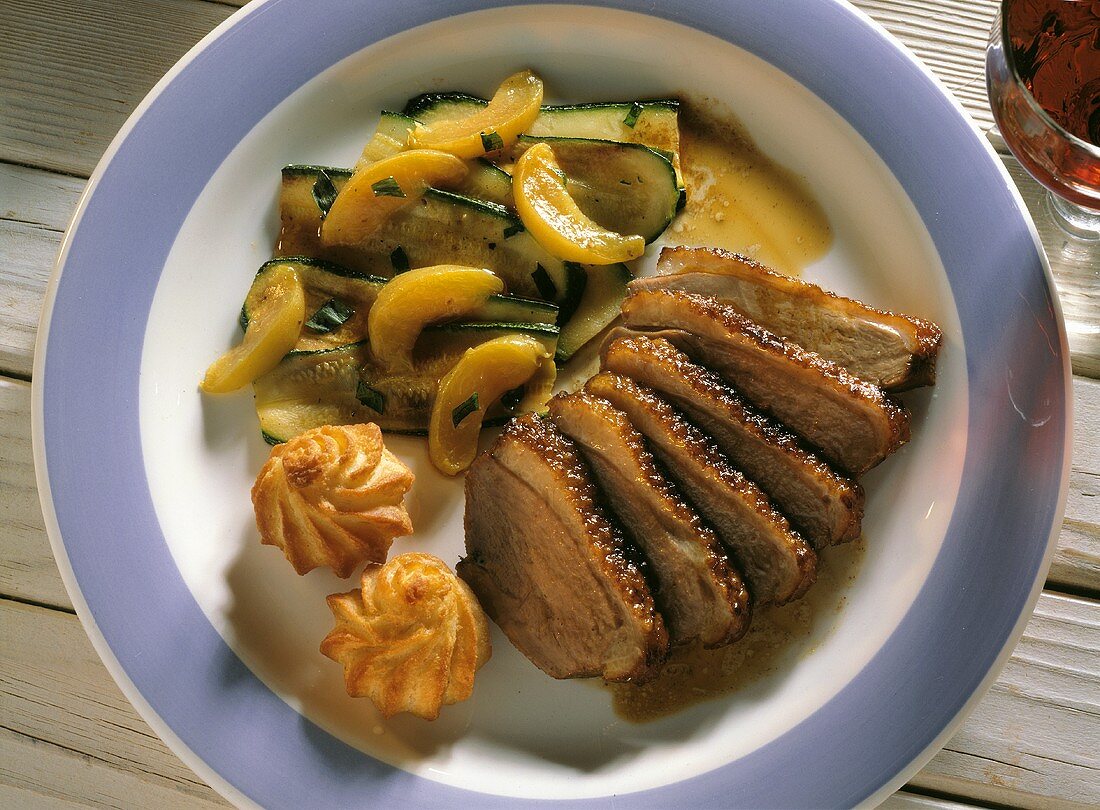 Duck breast with courgette and apricot casserole