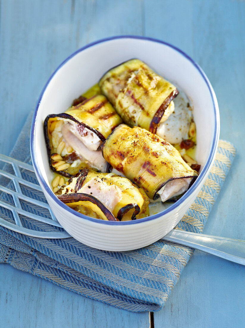 Eggplant rolls with swordfish in bowl