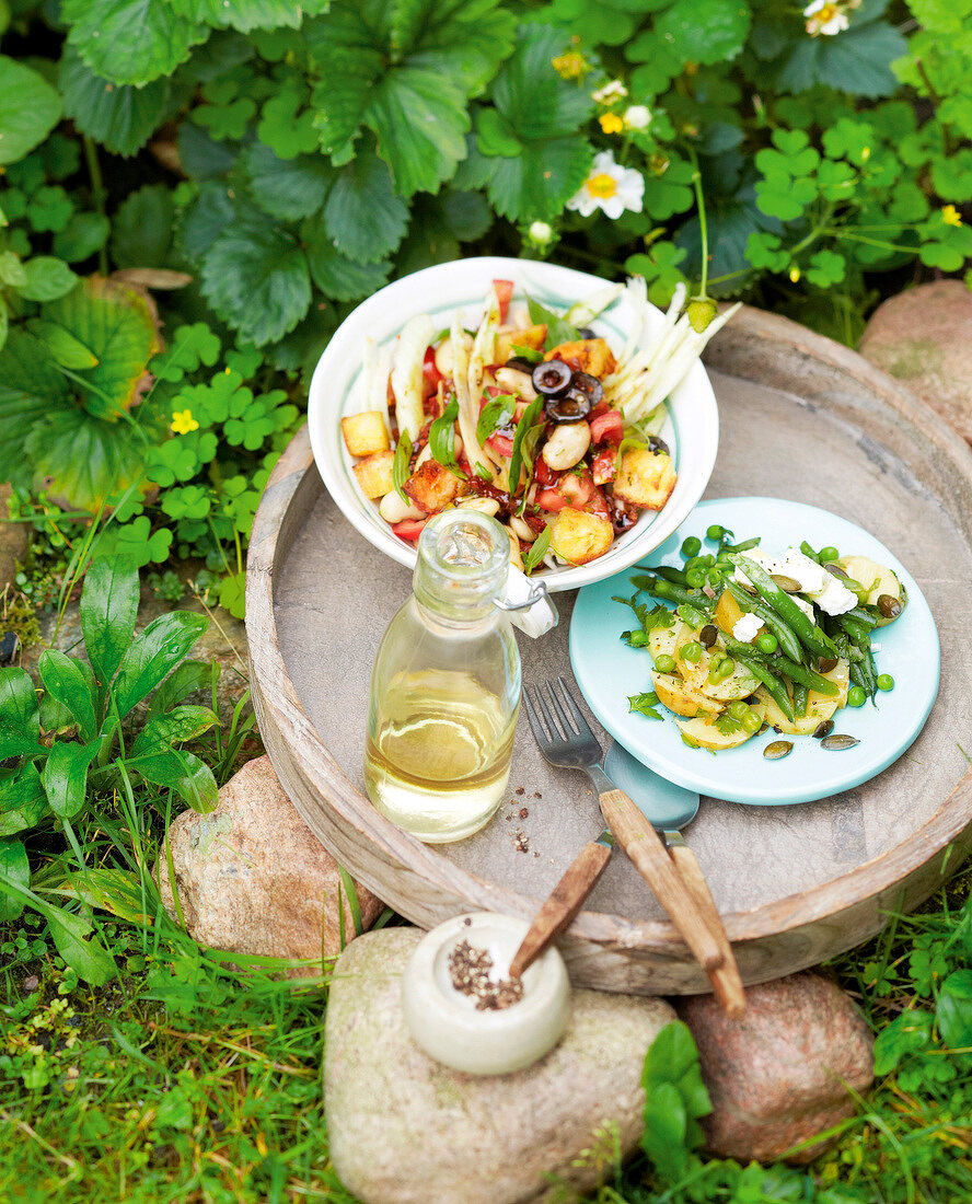 Bread salad and green potato salad in bowl and on plate