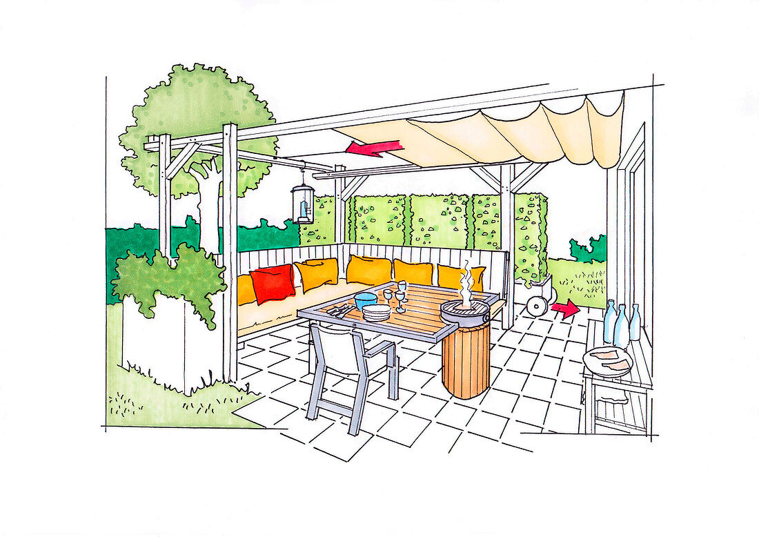 Illustration of barbecue, bench and table in pergola on terrace garden