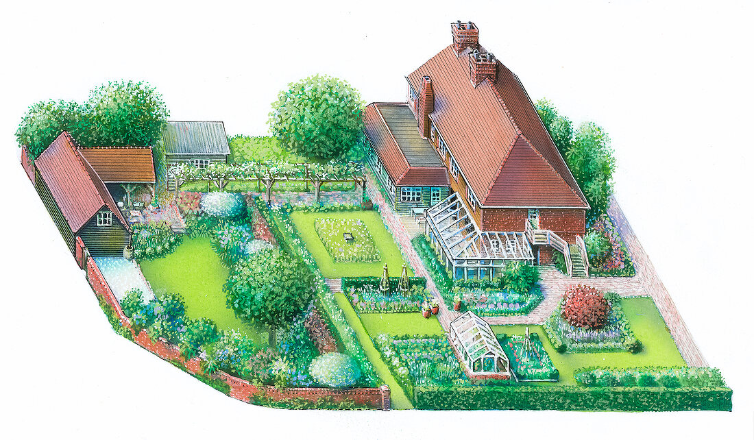 Illustration of ornamental garden with residential housea nd pergola, illustration