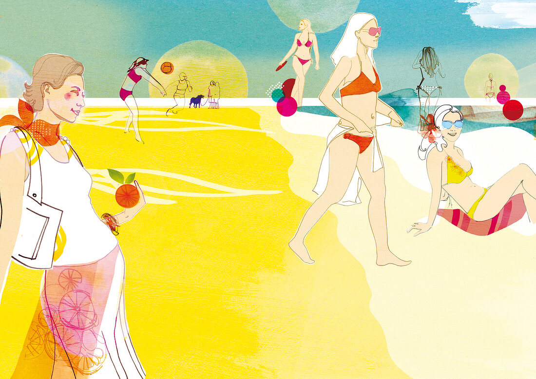 Illustration, Frauen, Strand, Sommer Sonne, Bikini, Strandoutfit