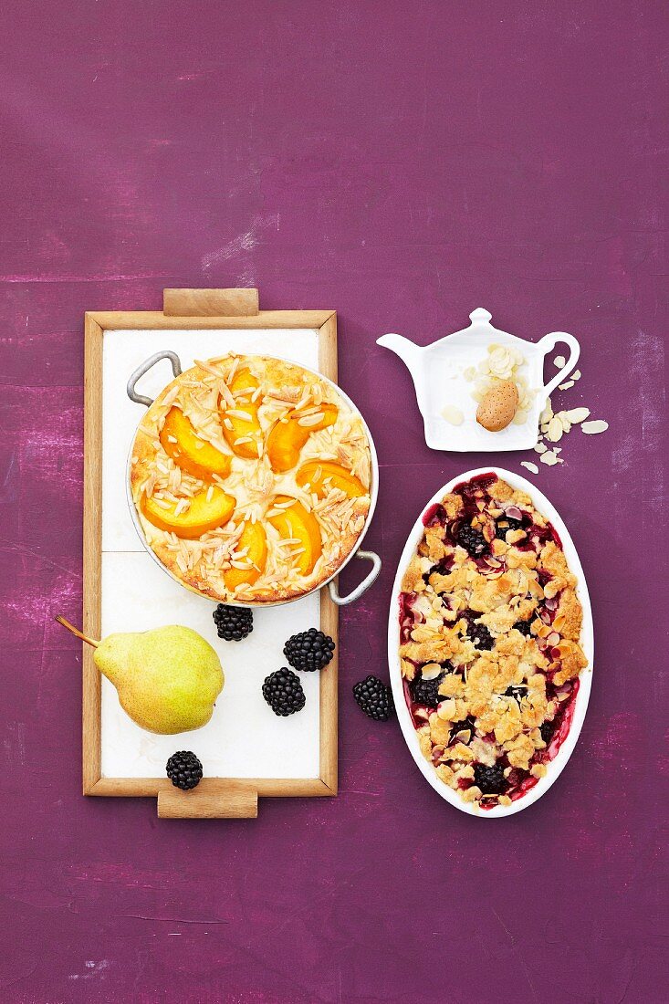 Semolina bake with peaches, and pear and blackberry crumble