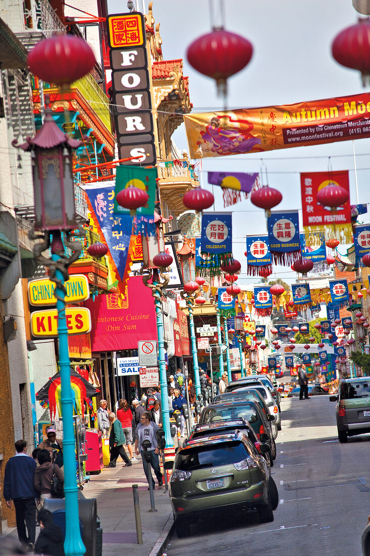 Chinatown, San Francisco, Straße bunt, geschmückt, Straßenszene