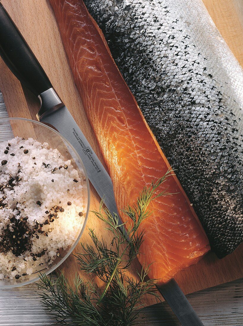 Salmon Fillet with Fresh Dill; Salt and Pepper