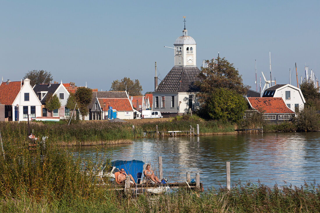 View of wooden chapel and fishing Durgerdam in Noord, Amsterdam, Netherlands