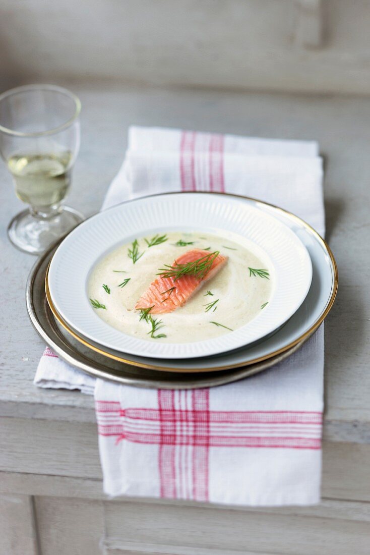 Horseradish soup with apple and poached char