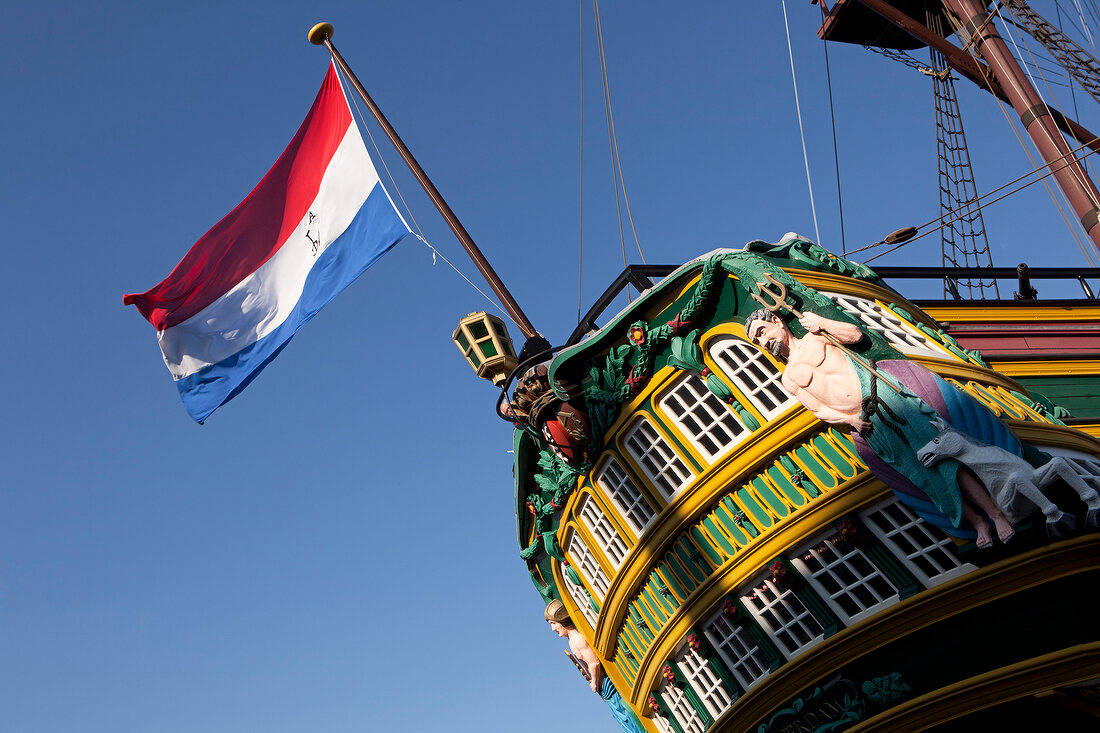 Flag of Netherlands on Ship Amsterdam in Amsterdam, Netherlands