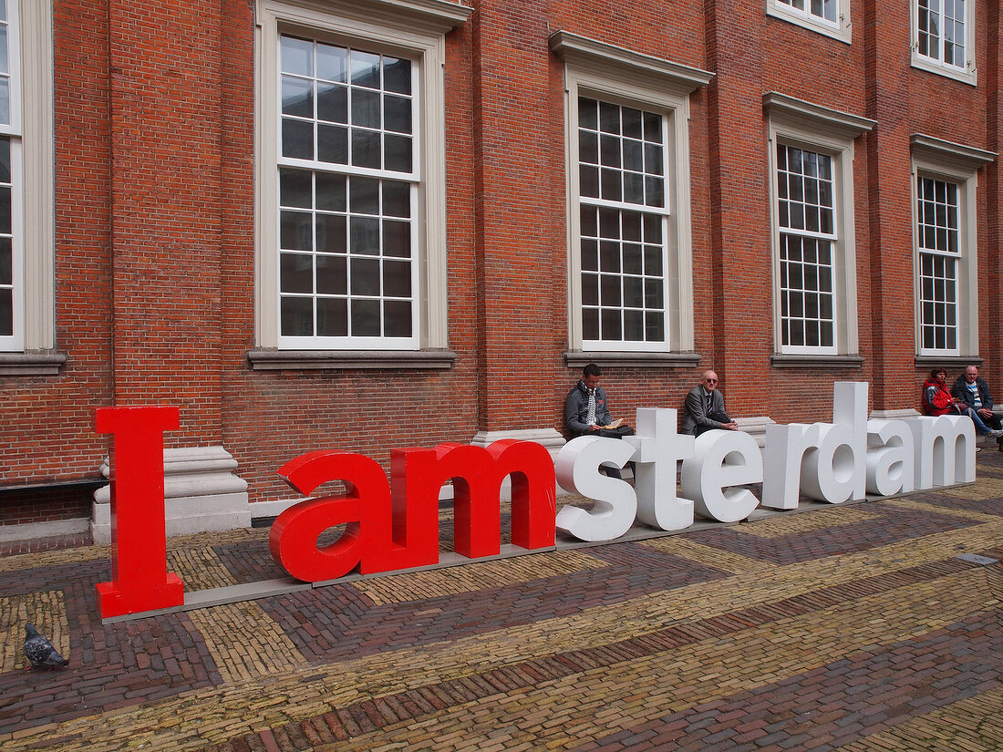 View of I Amsterdam lettering outside Rijksmuseum in Museumplein, Amsterdam, Netherlands