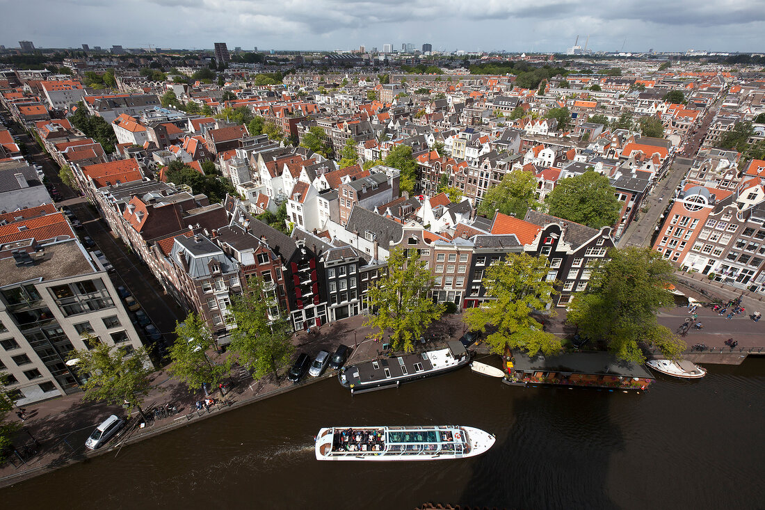 Aerial view of Old Town and Prinsengracht canal in Amsterdam, Netherlands