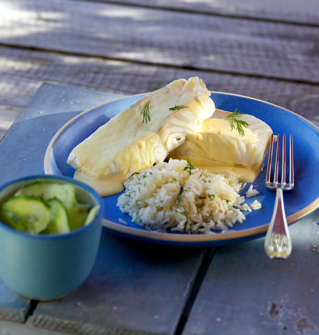 Kochkurs, Seelachsfilet mit Reis und Gurkensalat