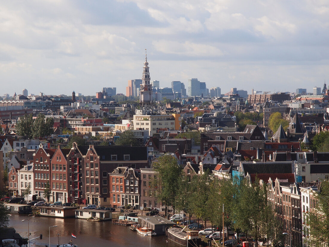 View of Amsterdam Central, Zuiderkerk and Old Town, Amsterdam, Netherlands