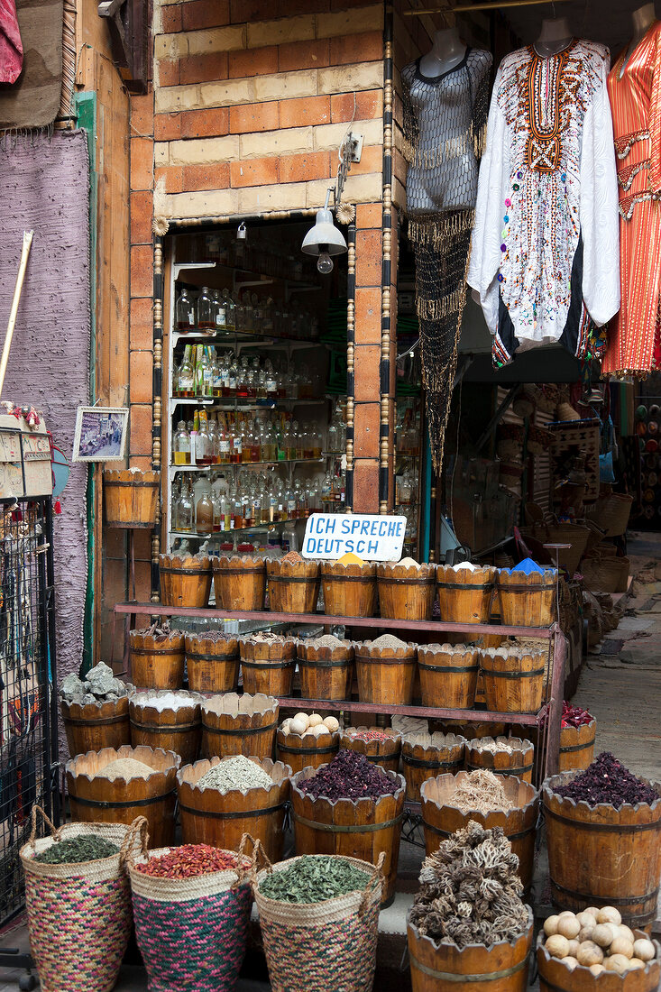 Different spices in container at market in Aswan, Egypt