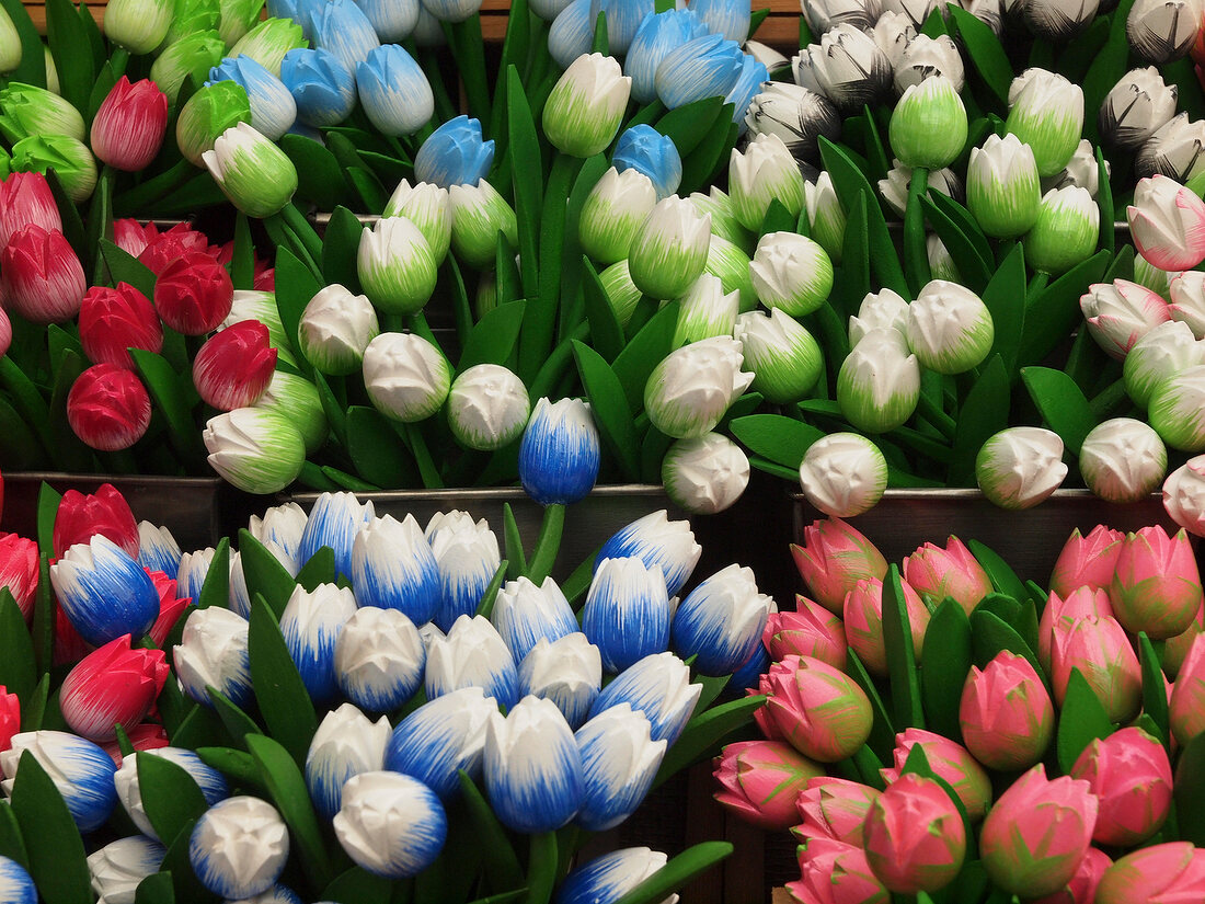 Different coloured wooden tulips for sale on Singel canal, Amsterdam, Netherlands