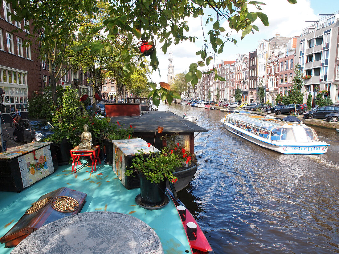 View of houses and Prinsengracht canal in Amsterdam, Netherlands