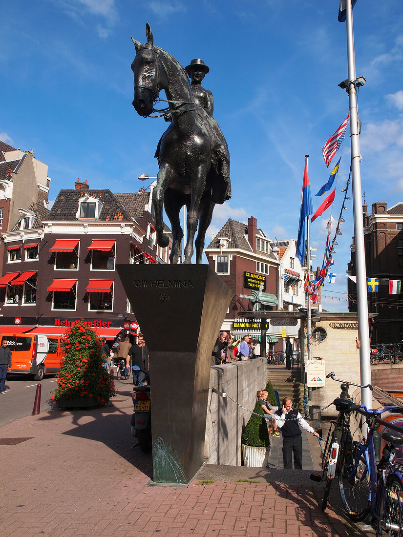 Low angle view of equestrian monument at Rokin, Amsterdam, Netherlands