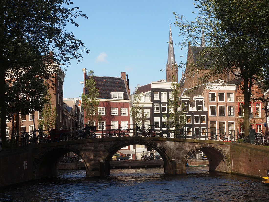 View of typical canal houses and bridge from Canal of Amsterdam, Netherlands