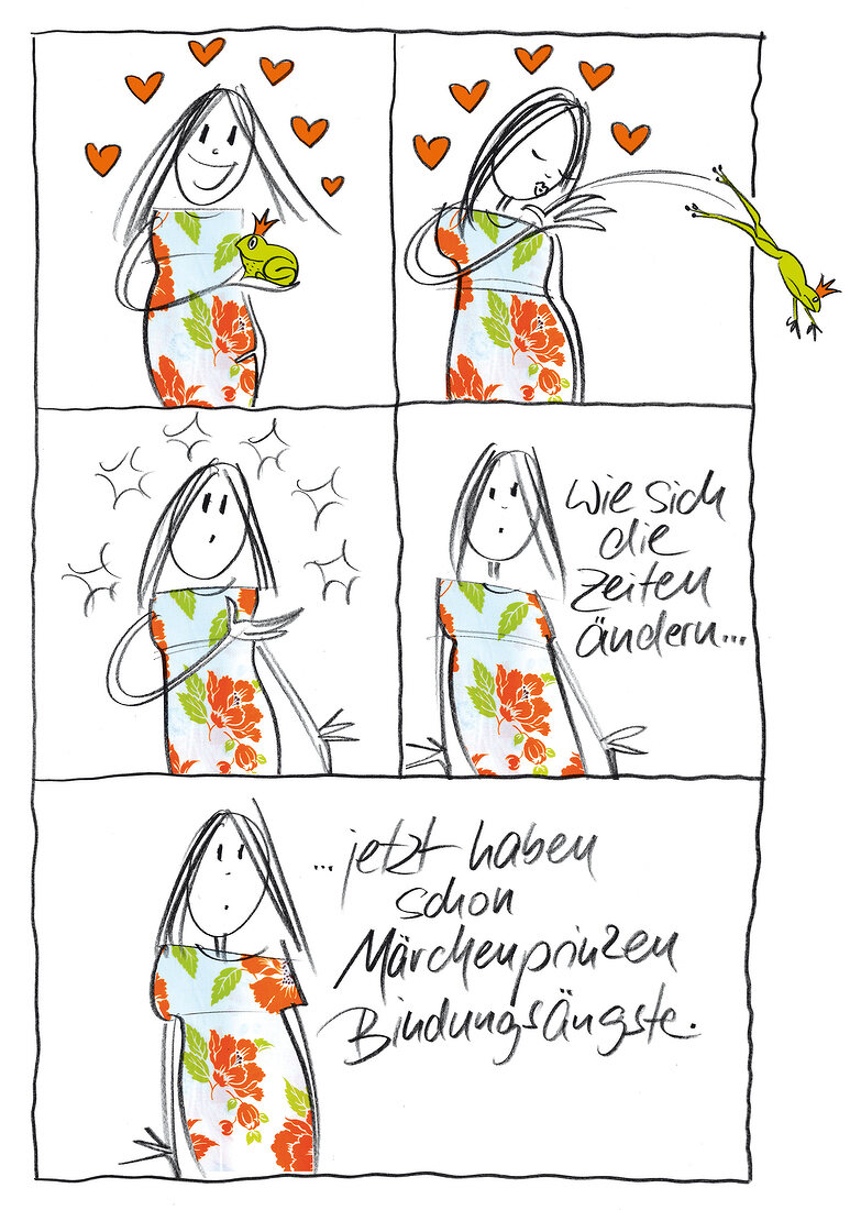 Illustration: Cartoon, Frau, will, Frosch, küssen, Bindungsangst