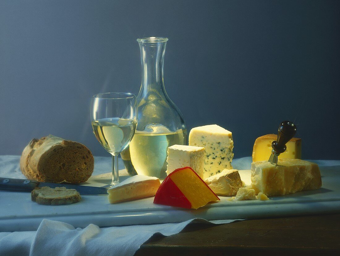 Cheese Still Life; White Wine and Bread