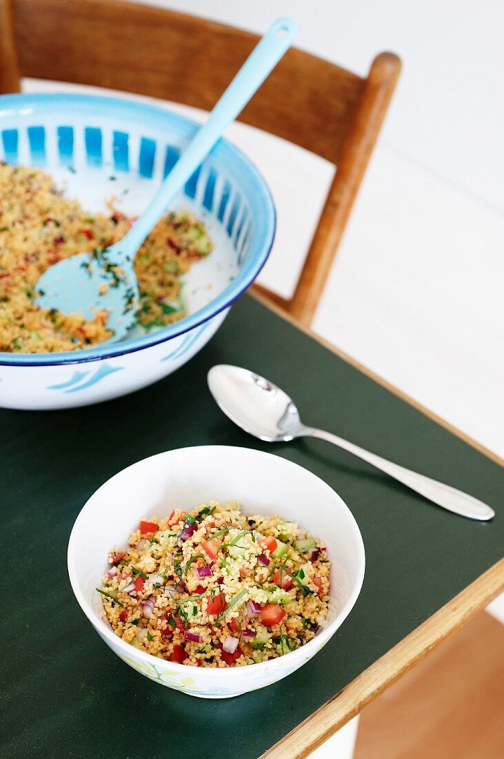 Tabbouleh on a kitchen table