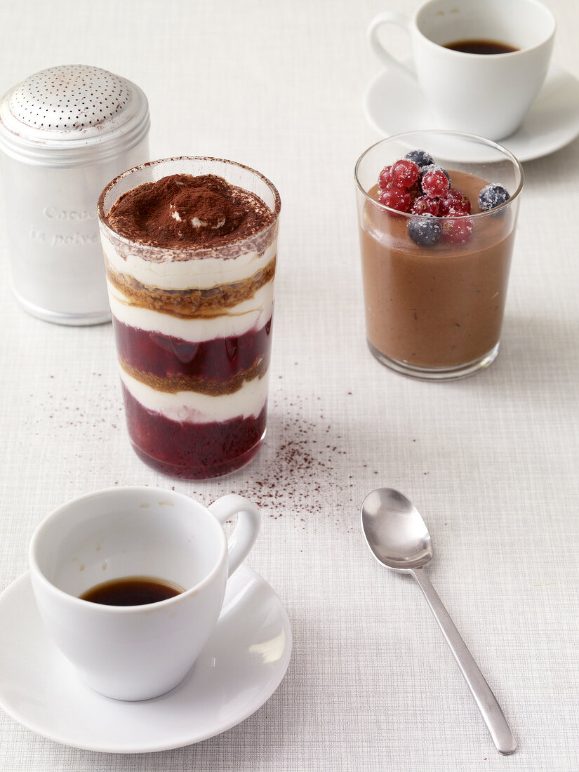 Chocolate mousse and cherry tiramisu in glass