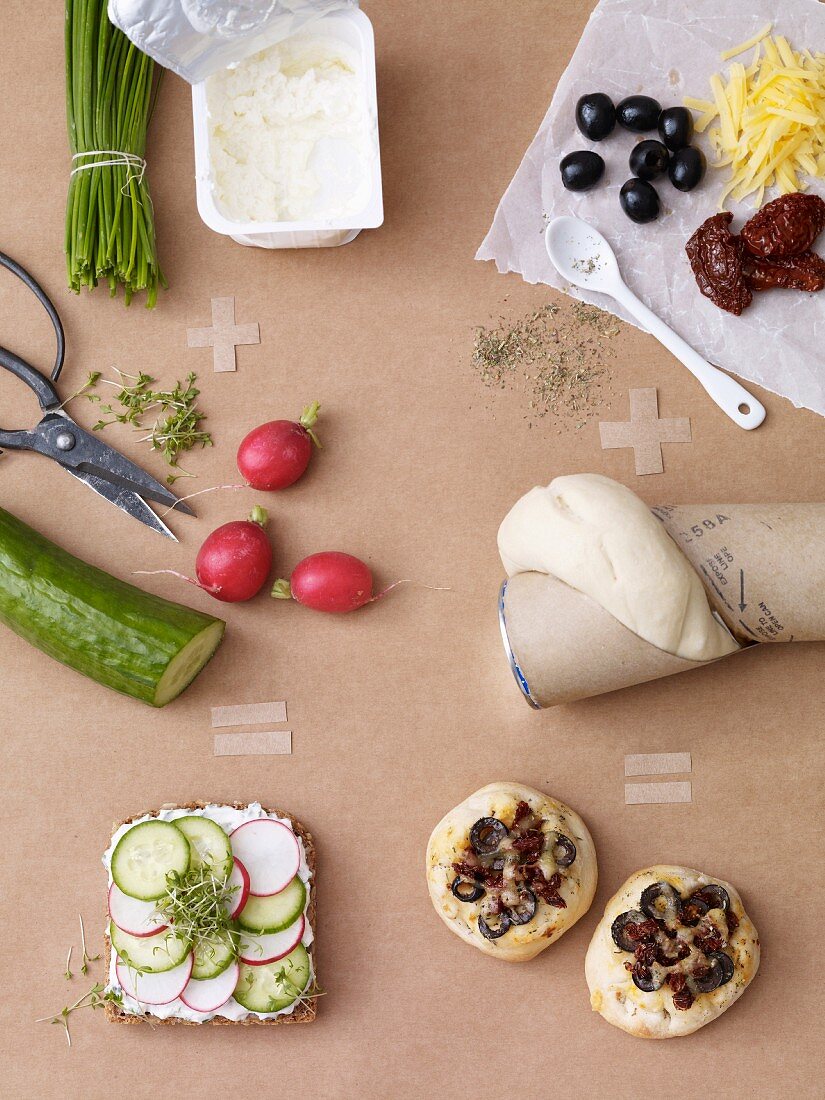 Zutaten für belegtes Brot mit Quark & für Käsebrötchen mit Oliven