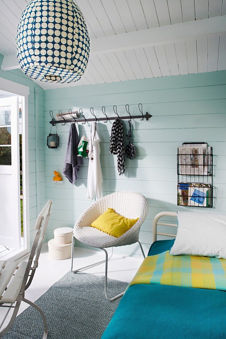 Pale blue, wooden, Scandinavian-style summer house