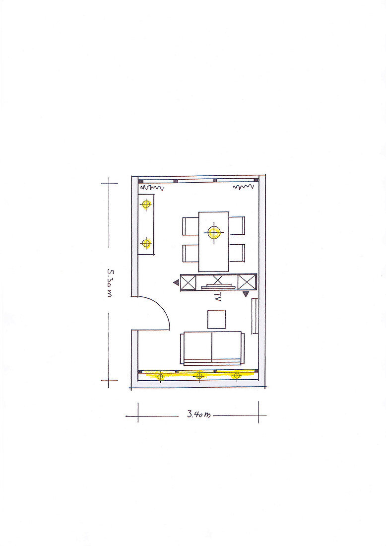Illustration of floor plan with living room, dining area and lounge area