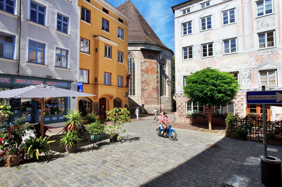 View of Parish Church of St. Jacob and street at Wasserburg am Inn, Schustergasse, Germany