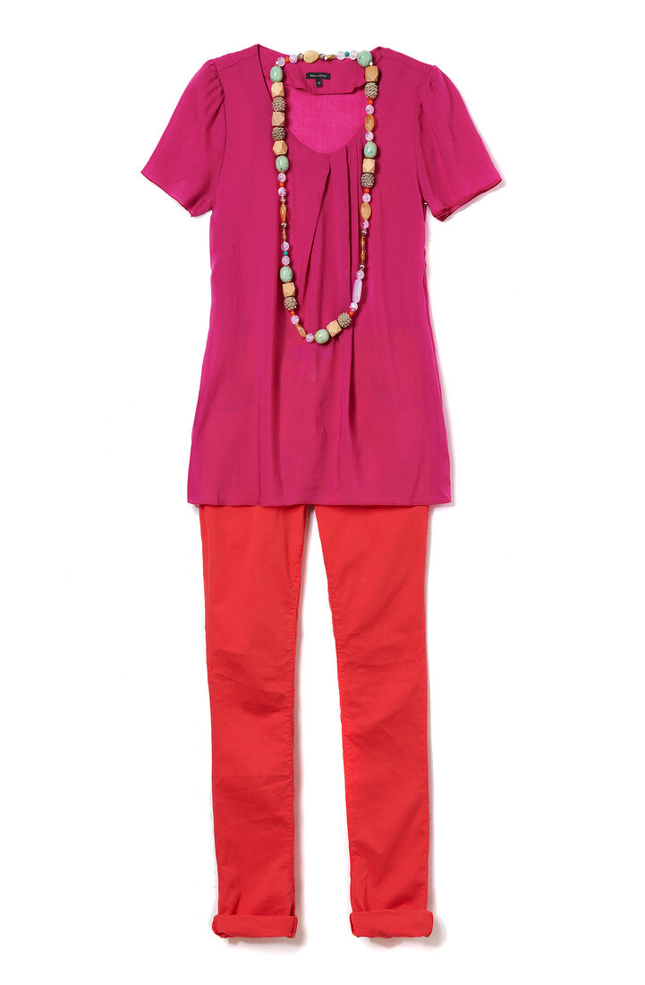 Pink top with pants and chain on white background
