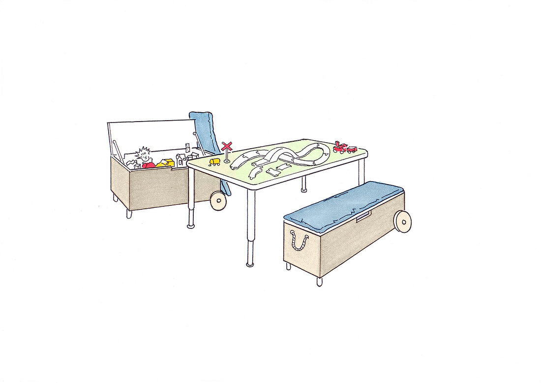 Illustration of bench, table and box of toys