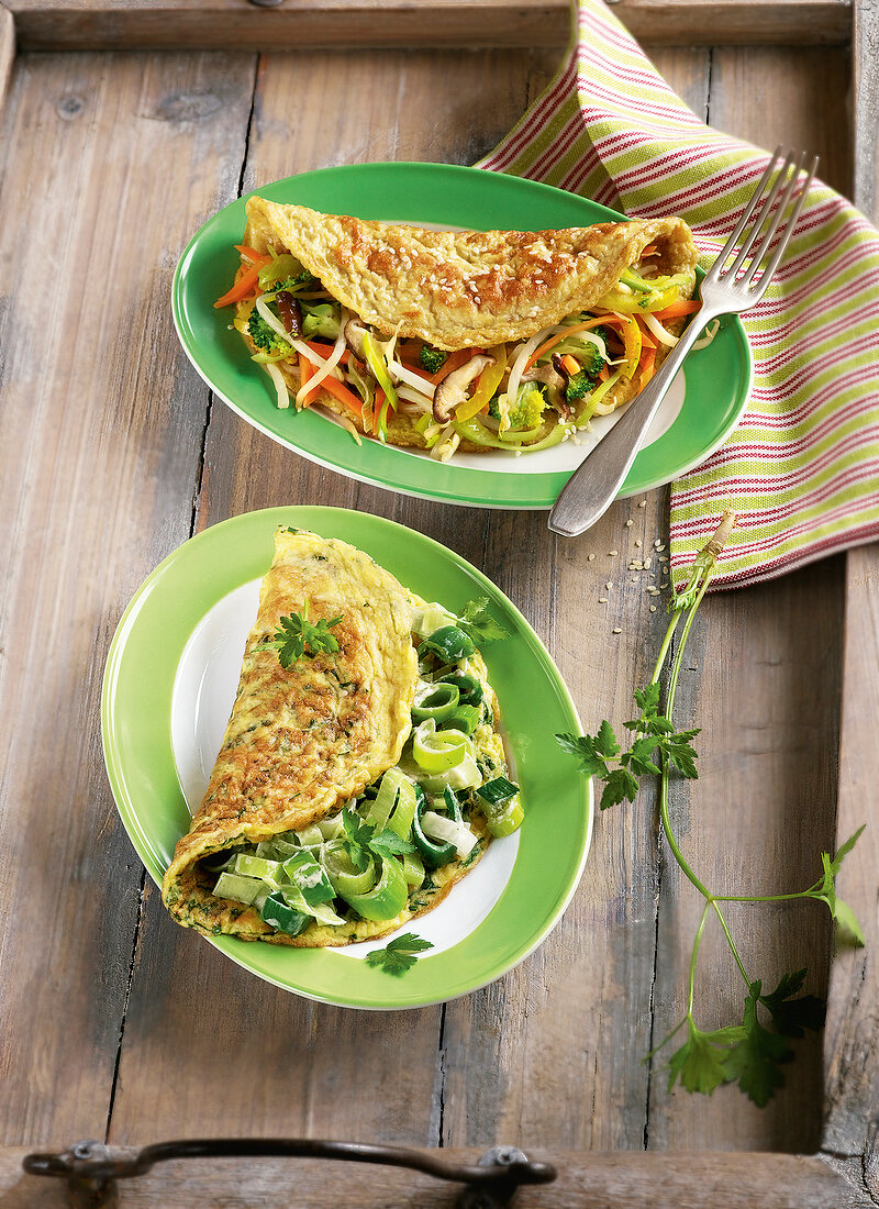 Asian sesame and green cheese omelette on plates
