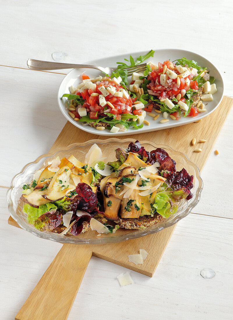 Bruschetta and mushroom sandwiches in serving dish