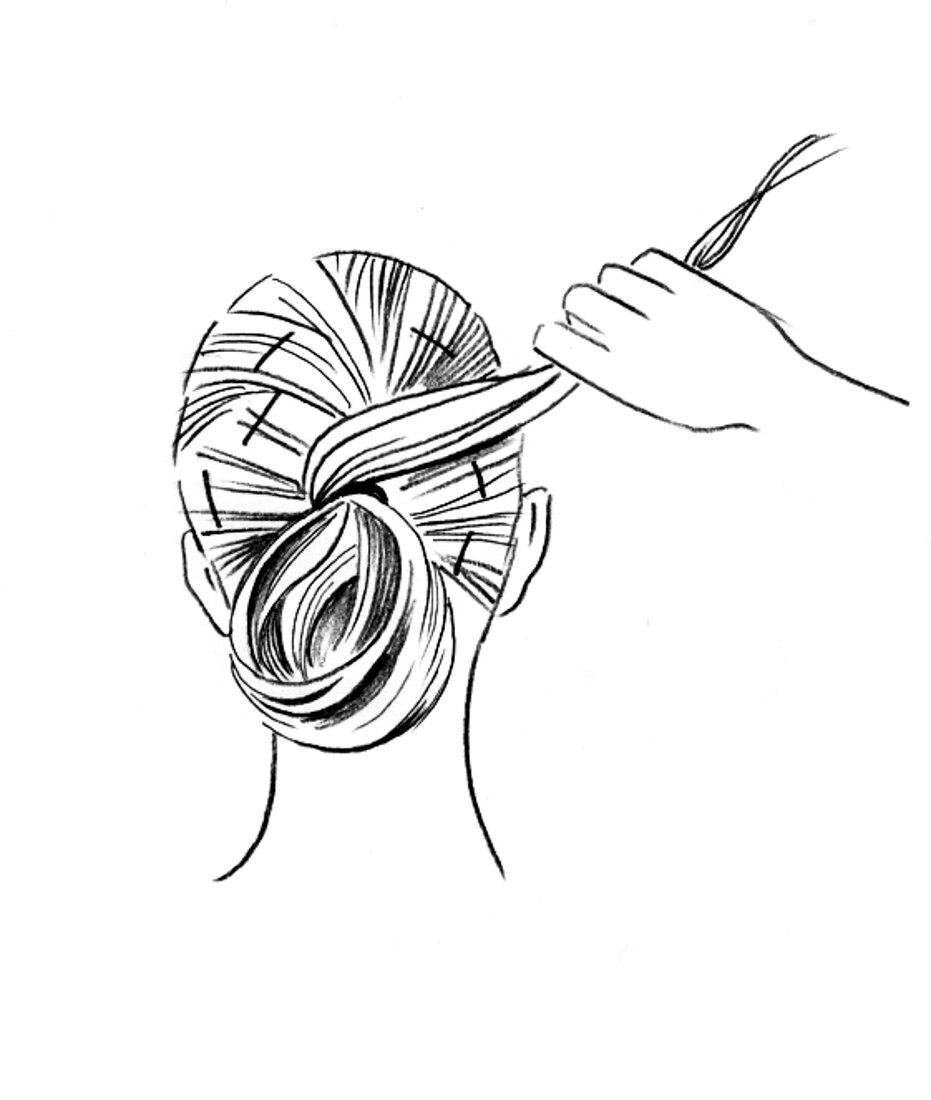Illustration, Haarstyling, Haare, Zopfschlaufe, Dutt, Knoten, Step 3