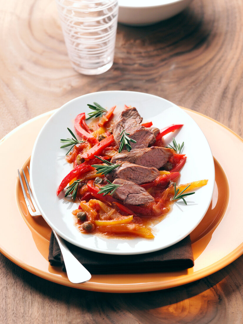 Lamb fillet with lecso on plate