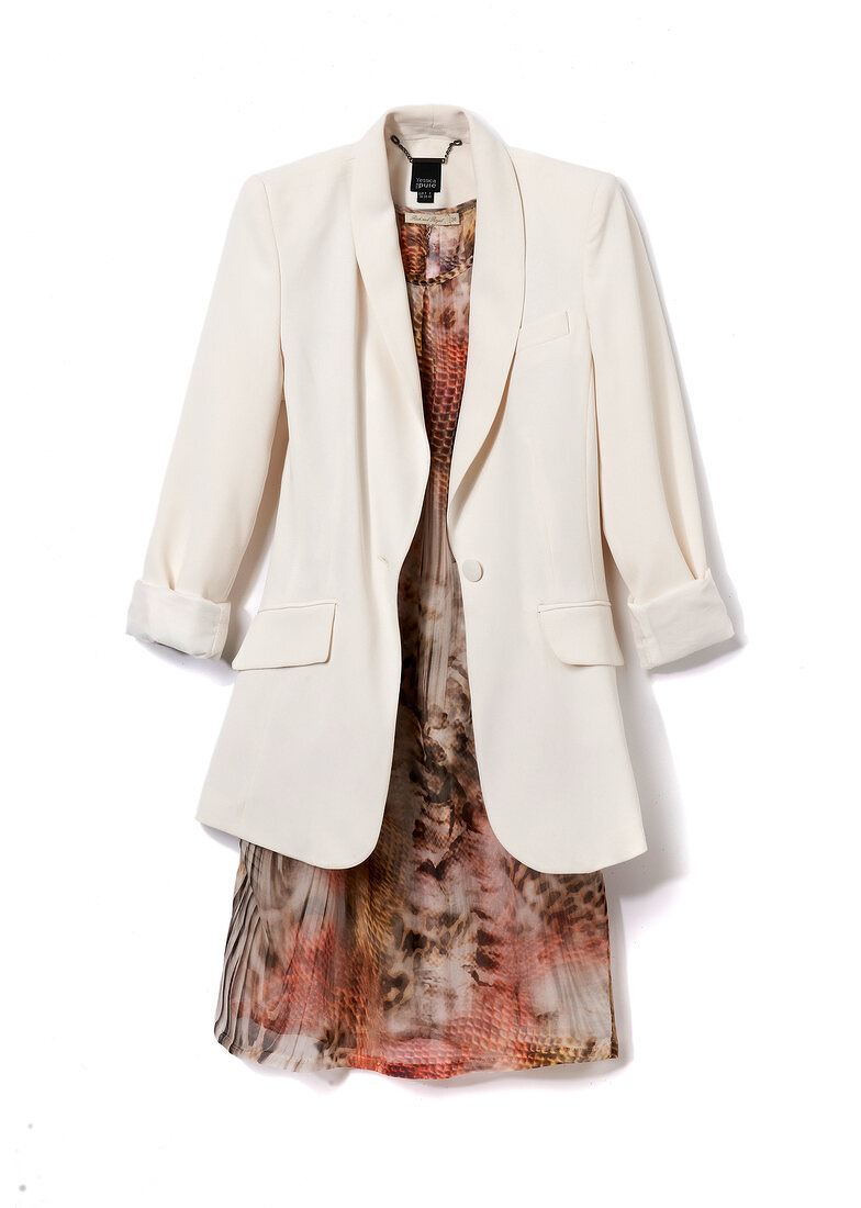 Beige blazer and leopard print dress on white background