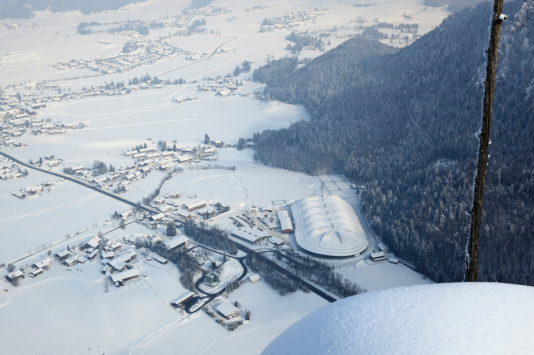 View of Max Aicher Arena in winter in Inzell, Traunstein, Bavaria, Germany