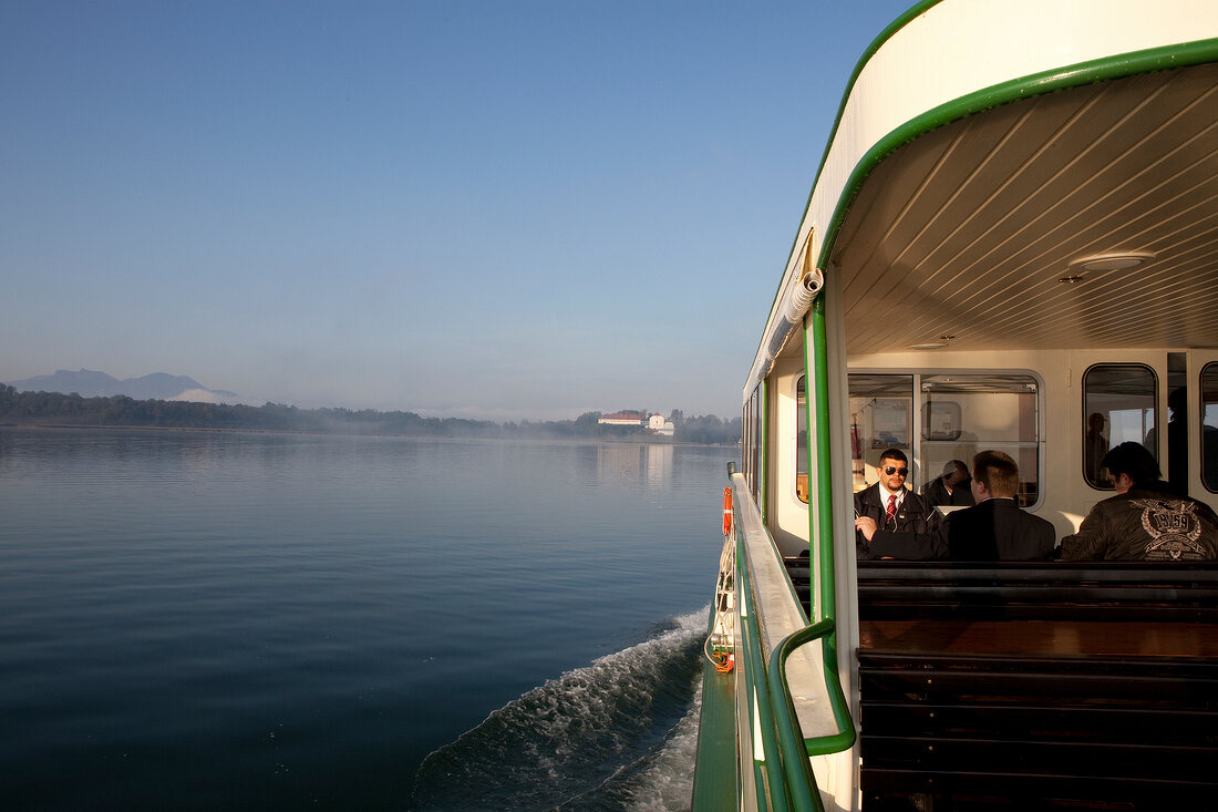 Tourist in ferry to Herrenchiemsee, Chiemsee, Bavaria, Germany