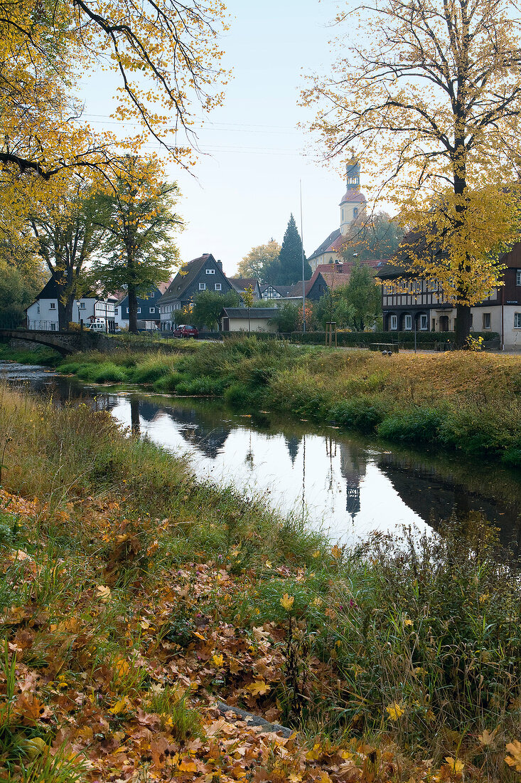 Umgebindehäuser an der Mandau in Großschönau, Sachsen